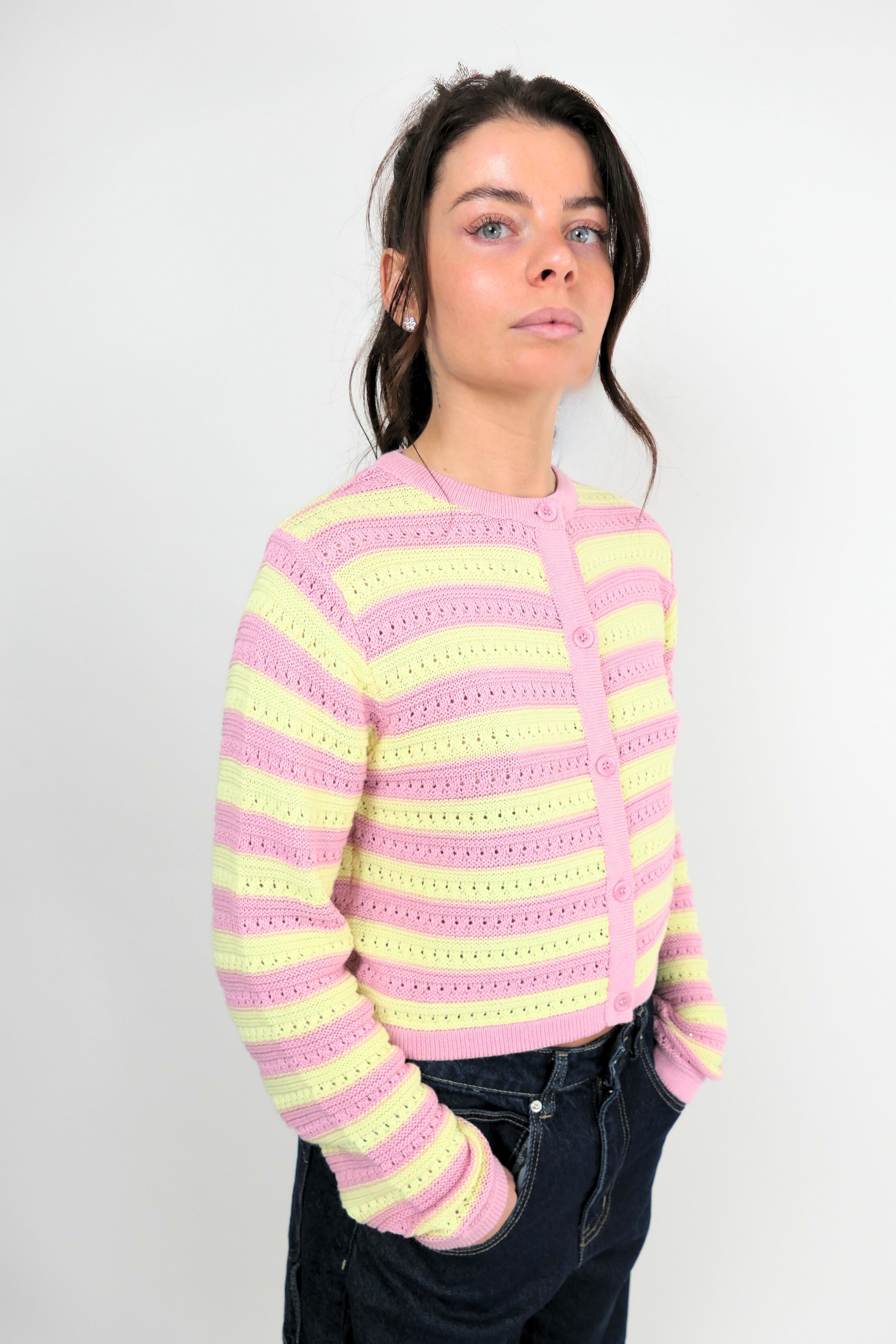 Cardigan a righe rosa e giallo