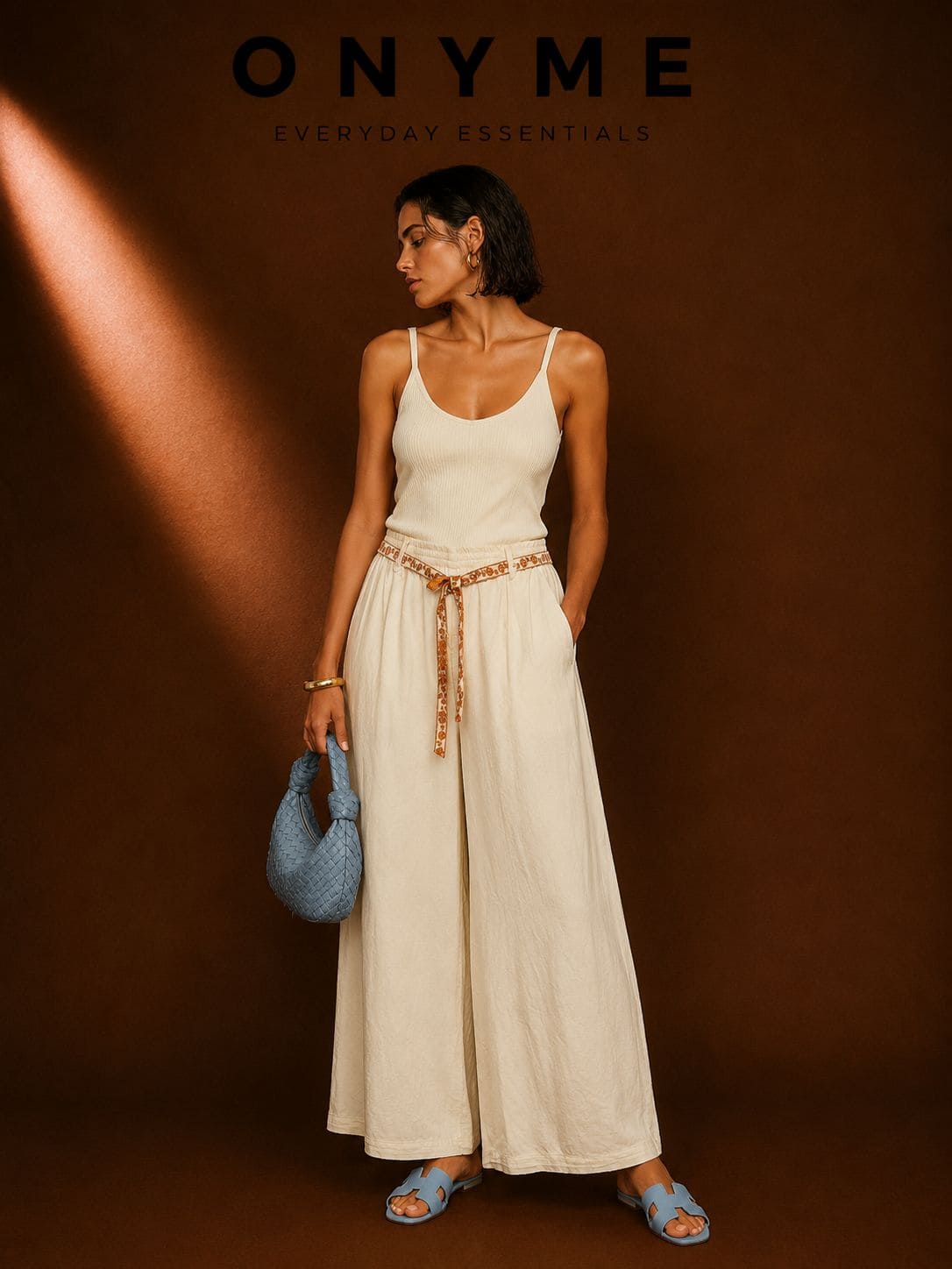 Pantalone palazzo in cotone con cintura ricamata Altamira Milano
